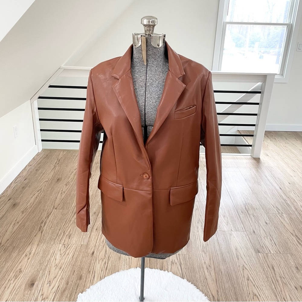 LD SALE ITEM: mocha brown faux leather vneck blazer single button jacket pockets - Picture 5 of 7